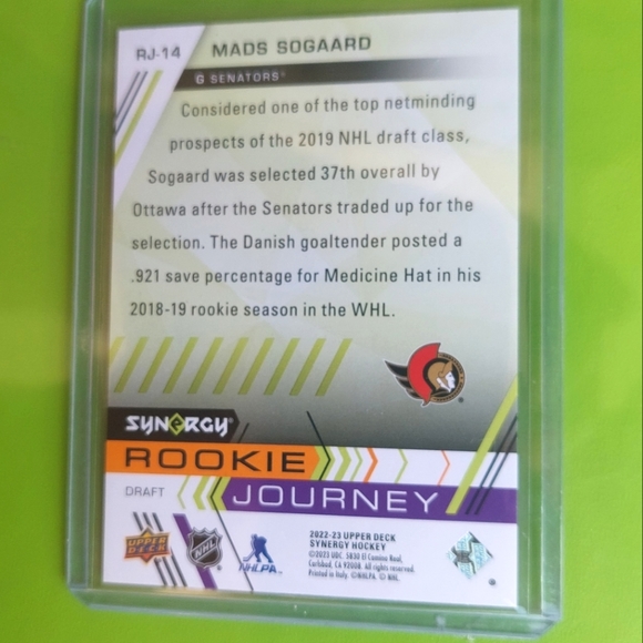 Mads Sogaard Synergy Journey Hockey Rookie Card SG-14 2022/23 Ottawa Senators - Picture 2 of 2